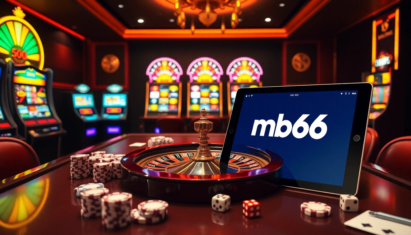 Experience thrilling online gaming at mb66.ski with a vibrant casino scene of tables and slot machines.