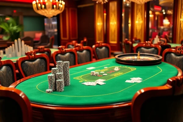 RR88: Experienced gamblers enjoying a luxurious casino atmosphere with poker chips and cards.