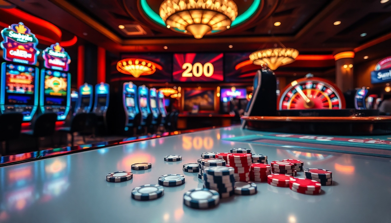 Experience the excitement of sunwin 20 with vibrant casino tables and slot machines.