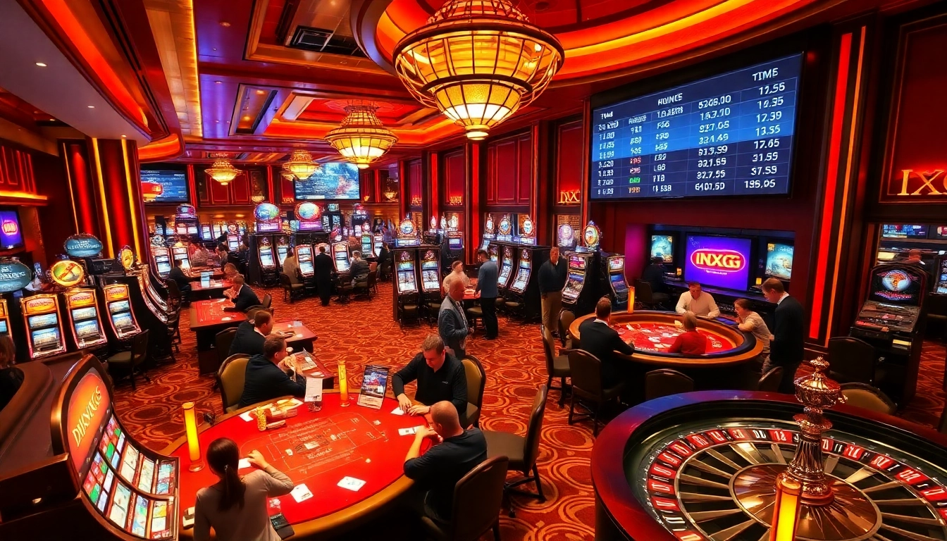Exciting casino atmosphere at XXGG with players betting at tables and winning big.