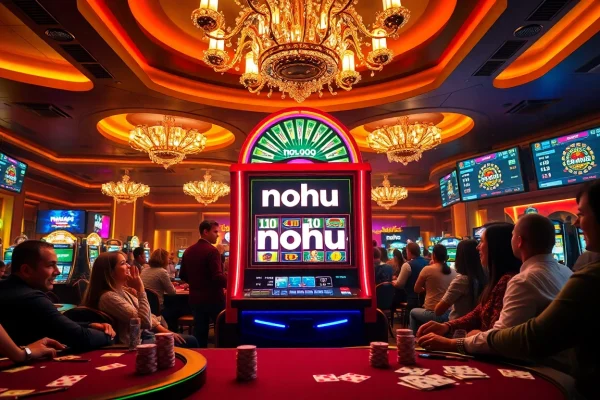 Experience excitement at nohu's lively casino floor with players winning at a vibrant slot machine.