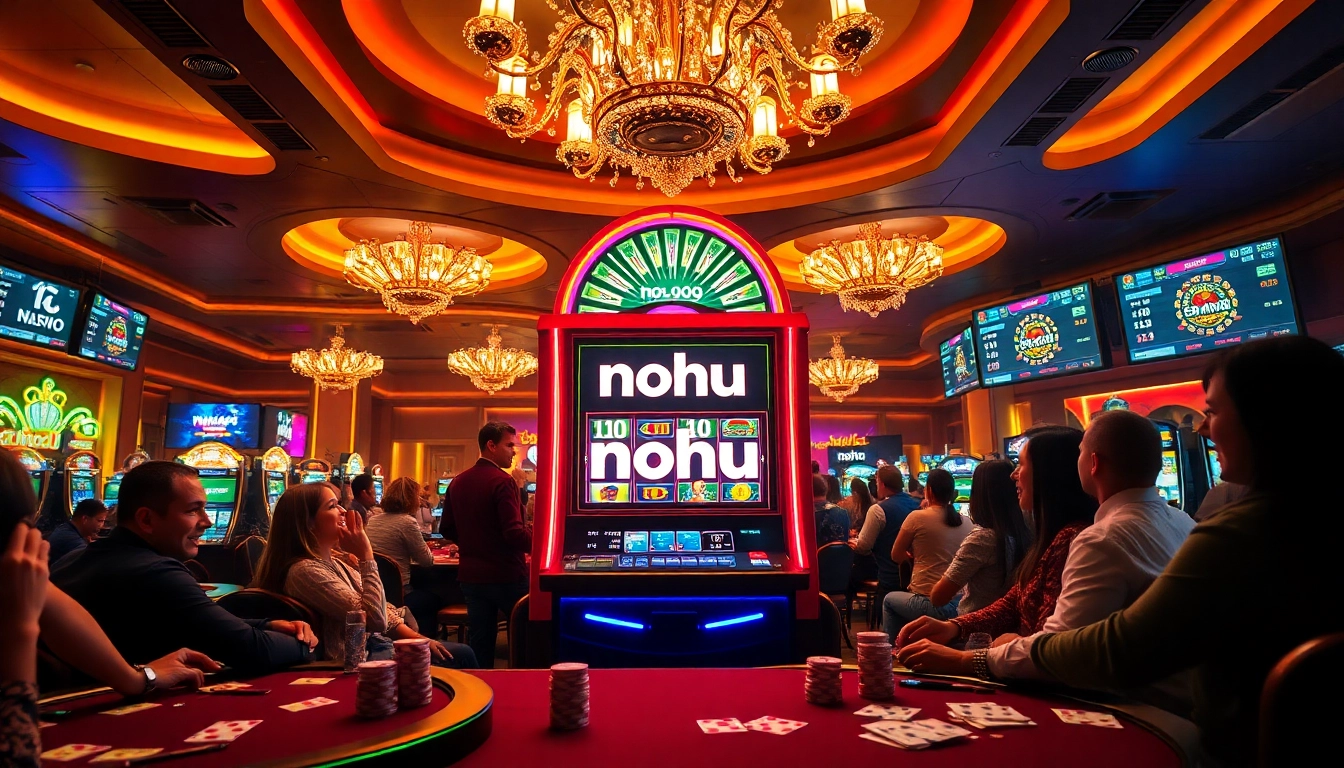 Experience excitement at nohu's lively casino floor with players winning at a vibrant slot machine.