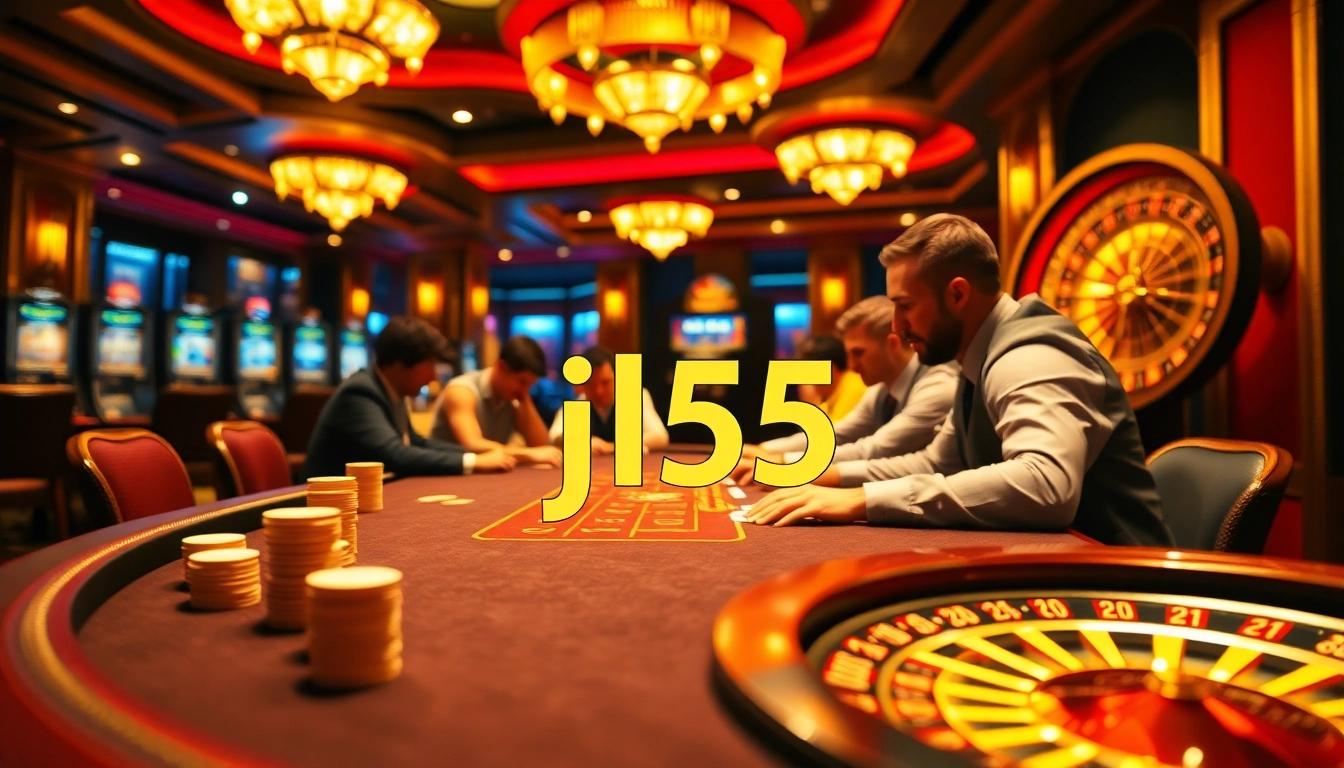 Experience intense gameplay at a luxurious casino table featuring jl55 poker chips and vibrant lighting.
