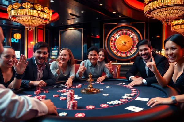 Engaged players enjoying a thrilling j88-themed poker game at a luxurious casino table.