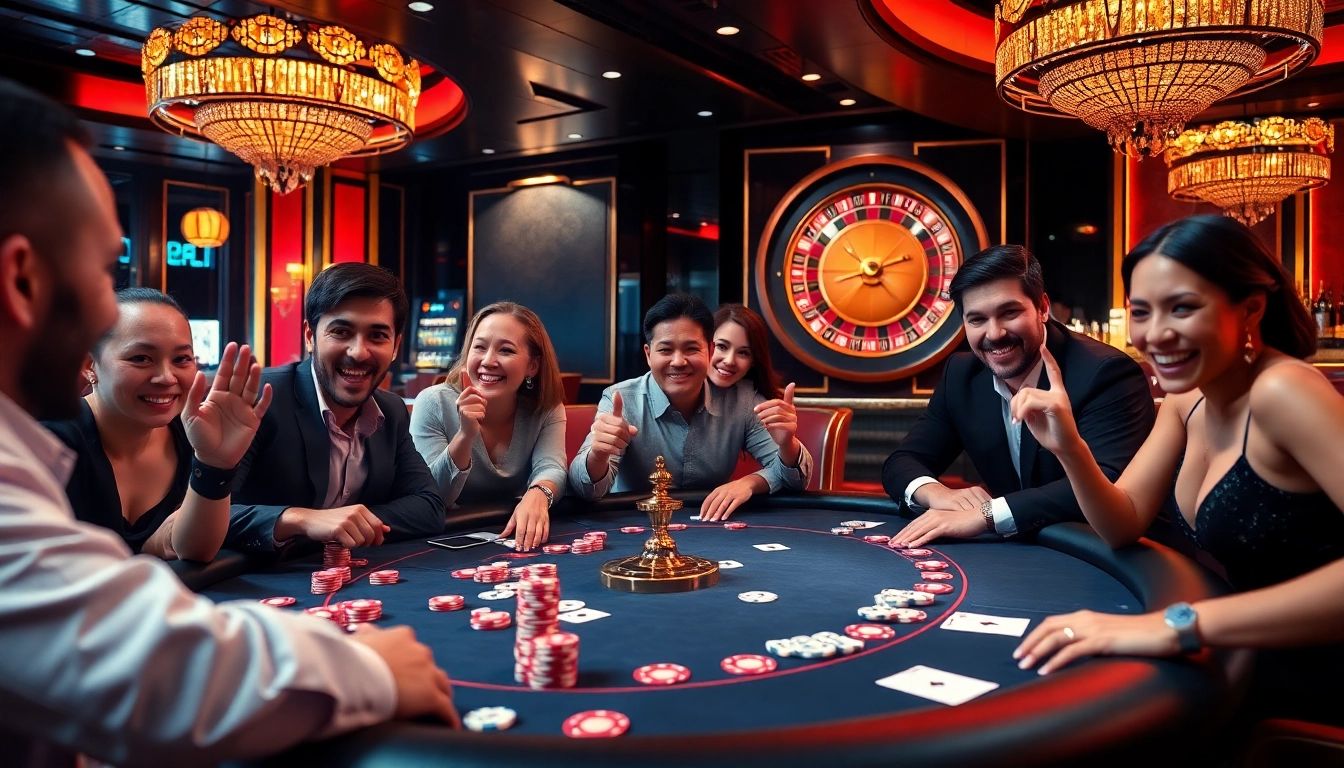 Engaged players enjoying a thrilling j88-themed poker game at a luxurious casino table.