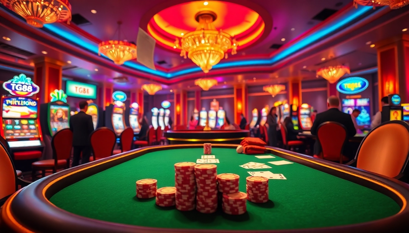 Experience the thrill of tg88 at a vibrant casino table with cards and chips.