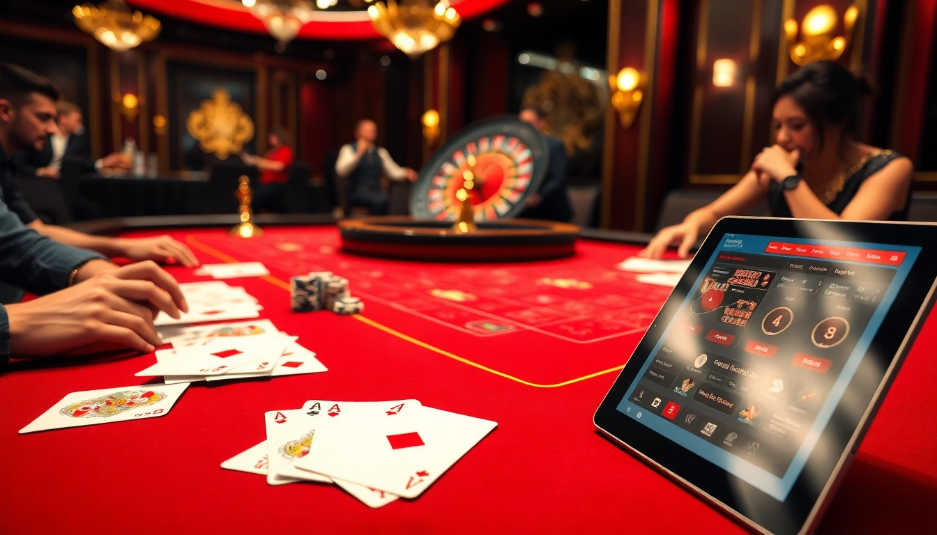 Experience baccarat at https://red88.hot/, with players, poker chips, and casino tables.