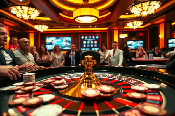 Players engaging in high-stakes casino action at a roulette table, experiencing win vn excitement.