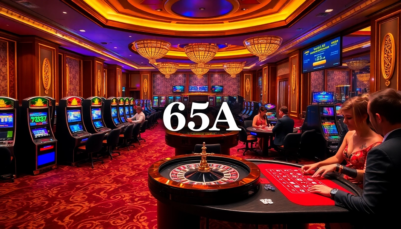 Players enjoying vibrant slot machines and table games at the 65A casino.