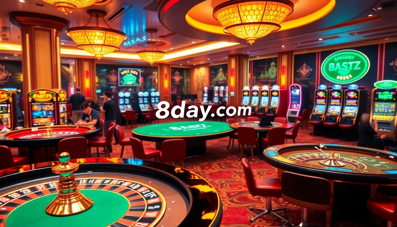 The energetic atmosphere of 8day.cn.com with players enjoying poker and slots in a luxurious casino setting.