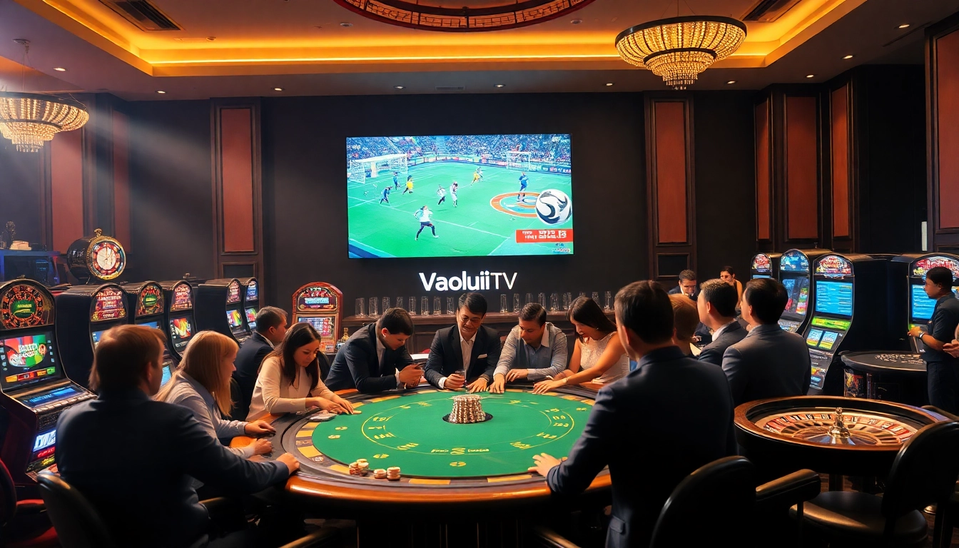 Experience the excitement of gambling with VaoluoiTV in a vibrant casino setting.
