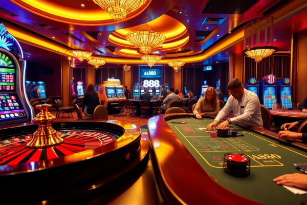 Players celebrate high stakes at az 888 casino while engaging with roulette and poker games.