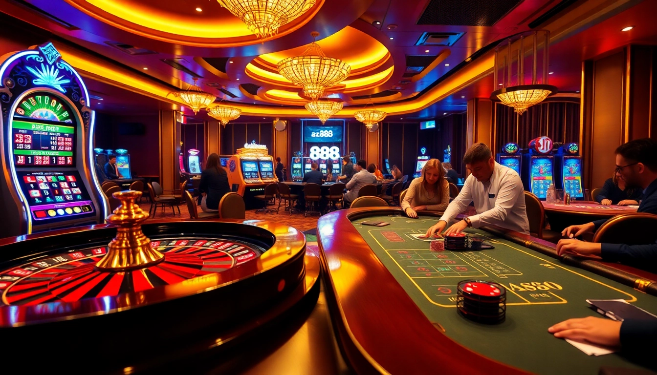 Players celebrate high stakes at az 888 casino while engaging with roulette and poker games.