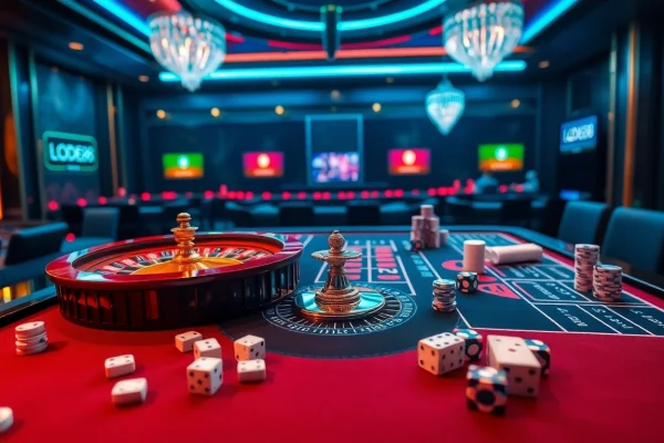 Engaging LODE88 online gambling scene with poker chips, a roulette wheel, and luxurious casino decor.