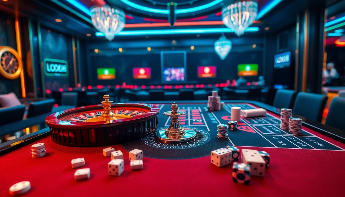 Engaging LODE88 online gambling scene with poker chips, a roulette wheel, and luxurious casino decor.