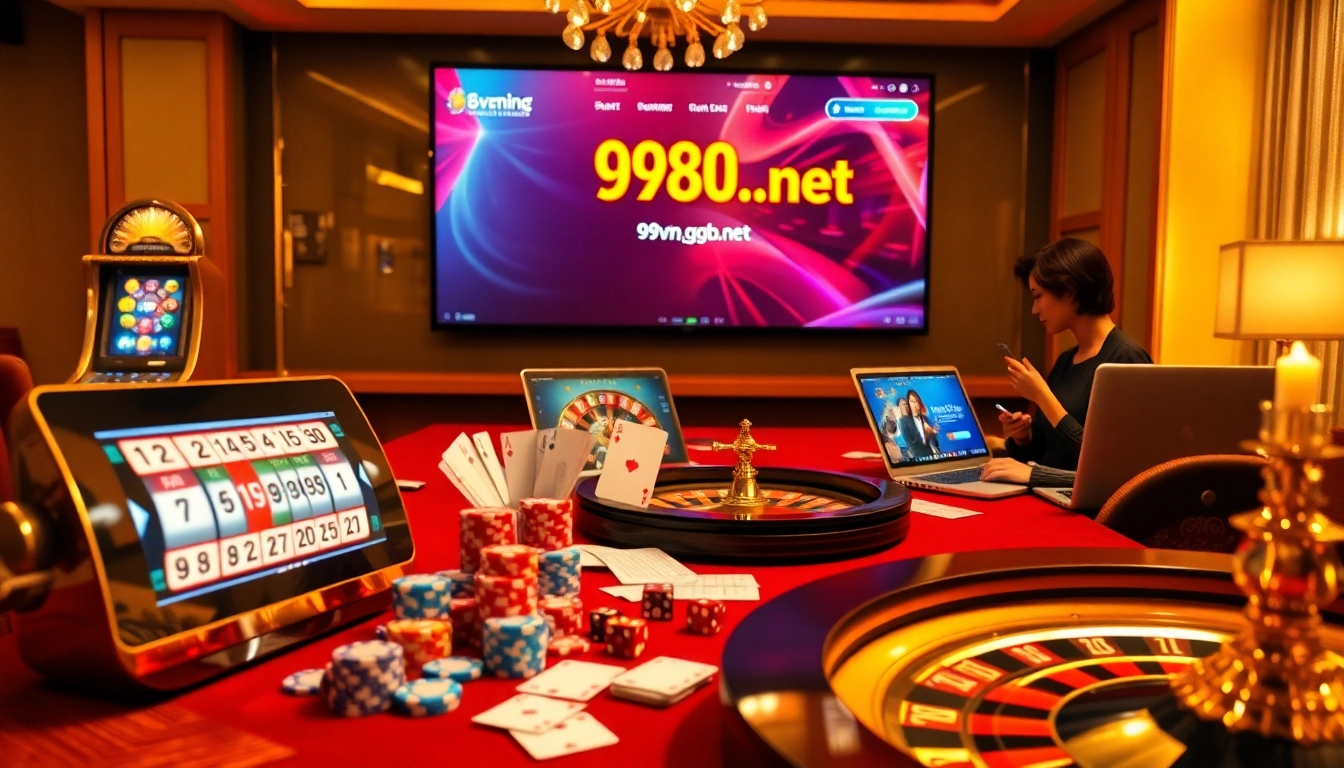 An engaging casino scene showcasing online gambling excitement at 69vn.gb.net, featuring premium gaming elements like poker chips and a vibrant slot machine.