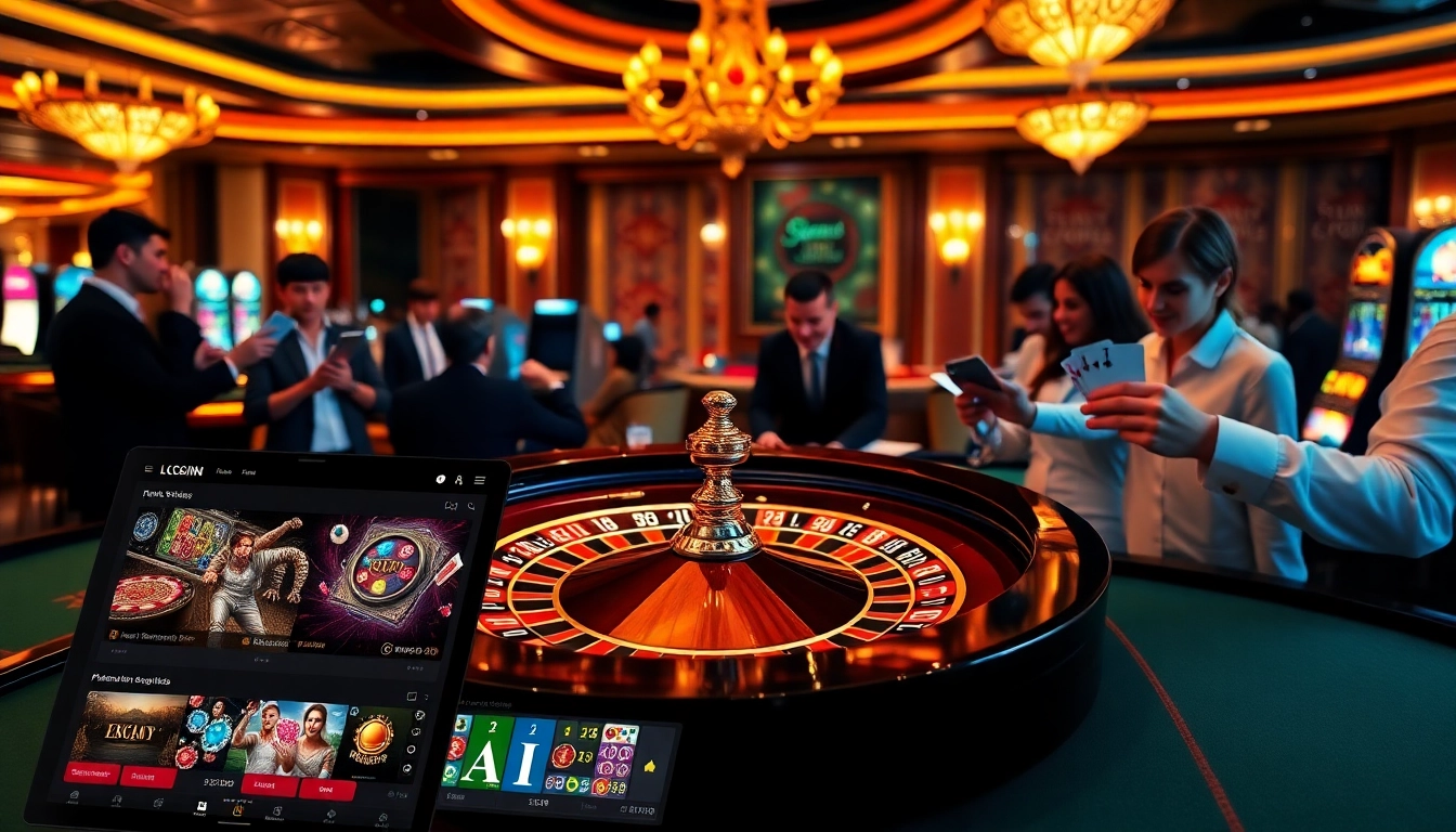 Excited players at LC88 Casino betting at a luxurious roulette table, with poker chips and cards.