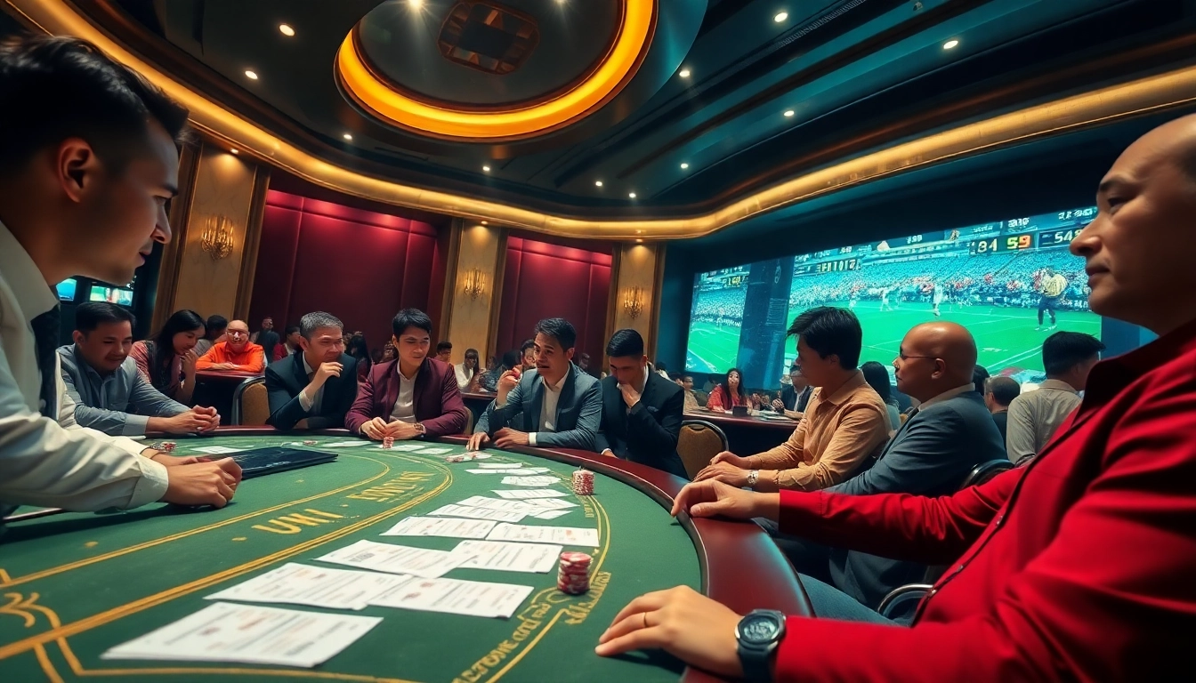 Gamblers eagerly place bets on OK9 BÓNG ĐÁ in a luxurious casino setting with vibrant atmosphere.