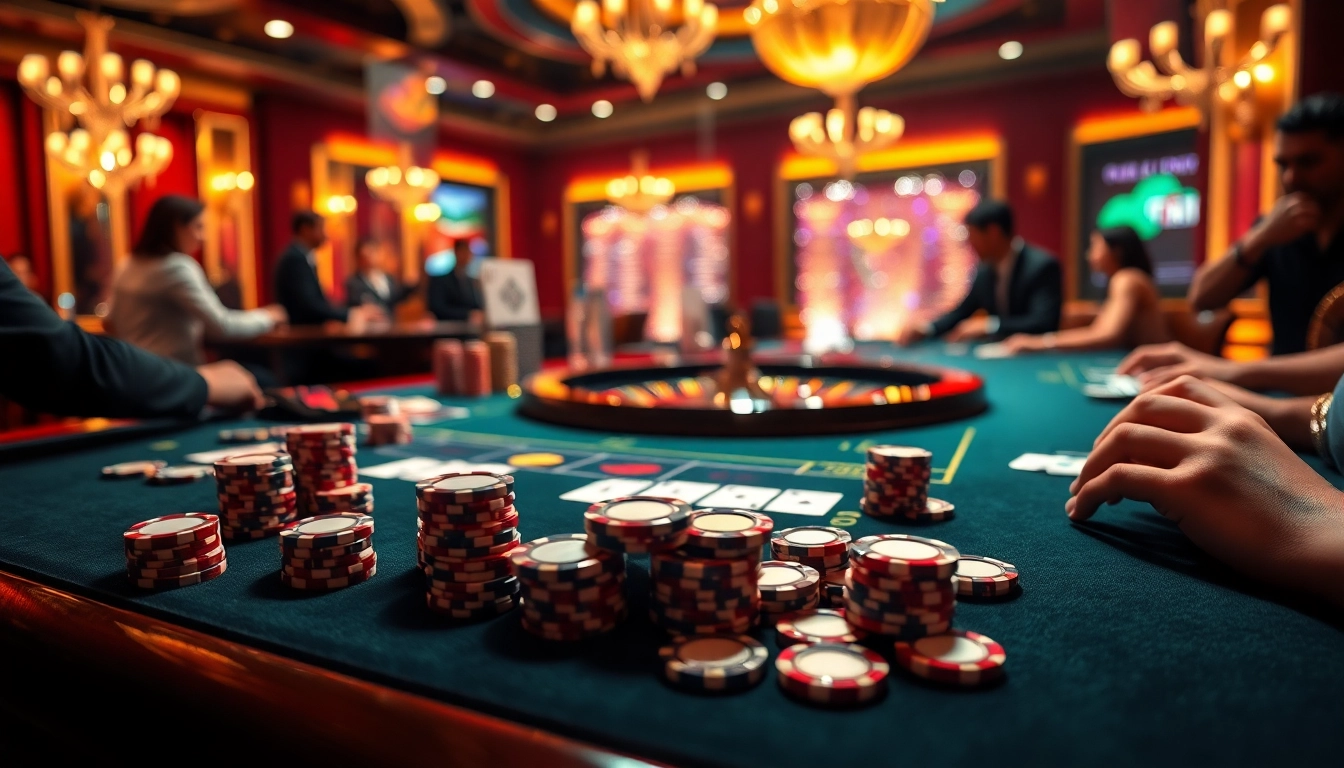 Exciting nk88 bet gaming scene with polished poker chips and roulette wheel.