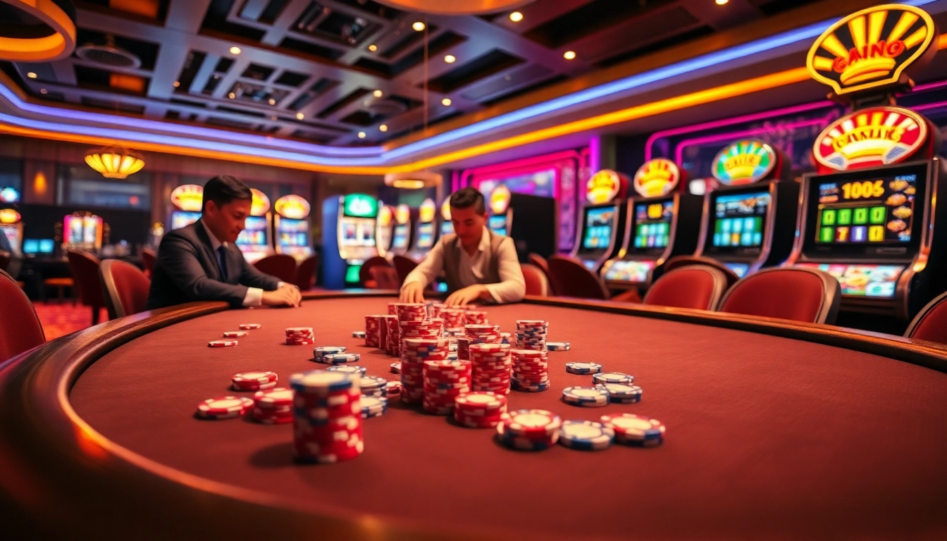 NK88 players strategically placing bets at a vibrant poker table in a luxurious casino scene.