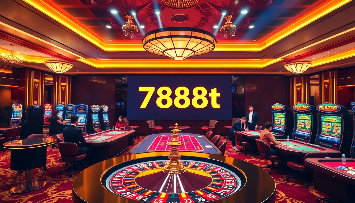 Engaging players at a luxurious casino featuring 788t with roulette, poker tables, and vibrant slot machines.