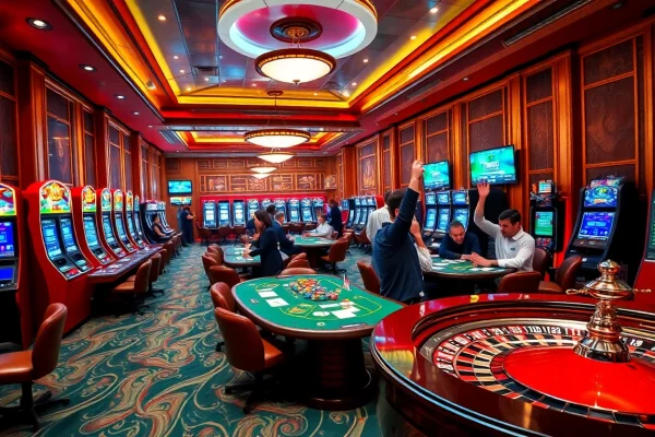 KJC players celebrating wins at a luxurious casino, showcasing vibrant tables and slot machines.