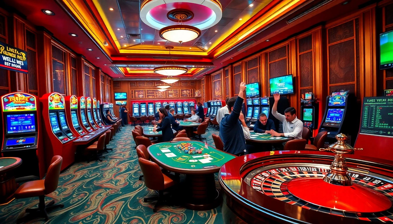 KJC players celebrating wins at a luxurious casino, showcasing vibrant tables and slot machines.