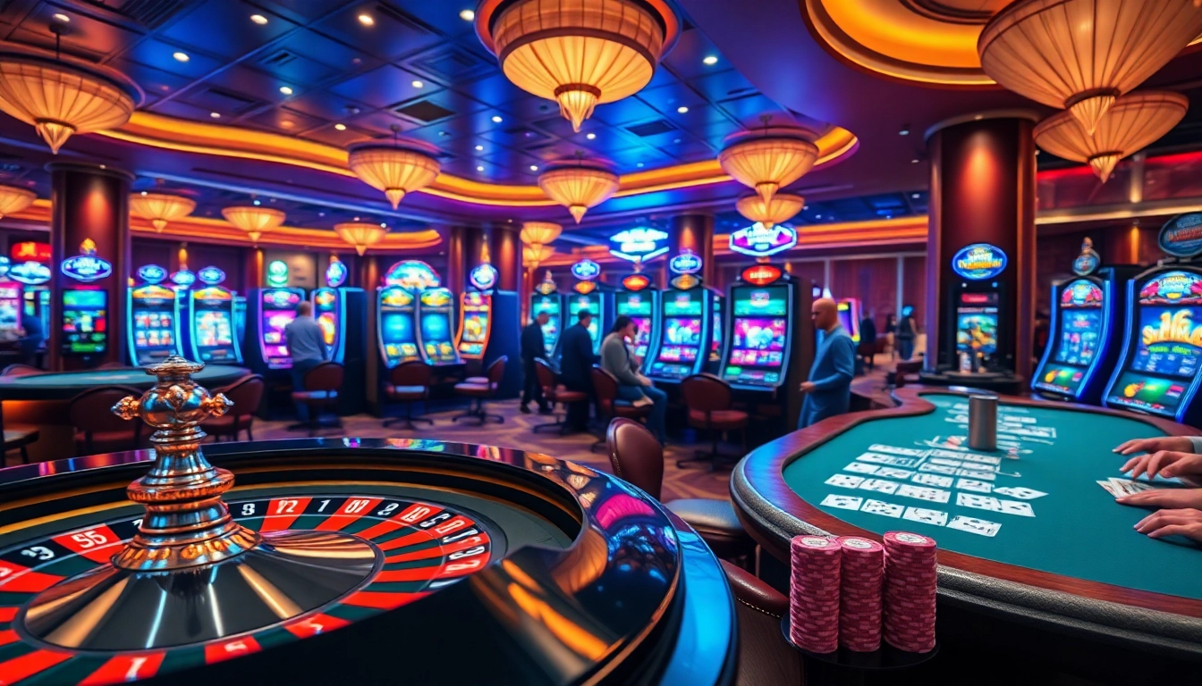 Experience the excitement at SV66 casino with vibrant gaming tables and roulette wheels.