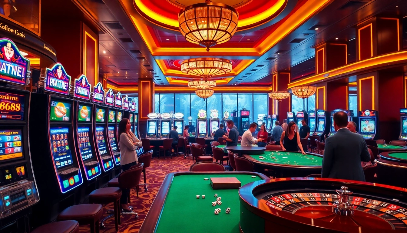Players engaging in thrilling games at 65A casino, showcasing vibrant slot machines and poker tables.
