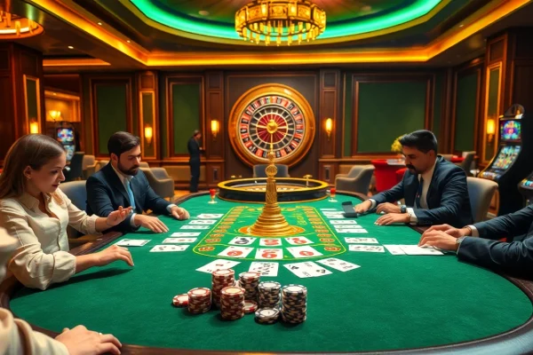 Players engaged in poker at a luxurious casino table showcasing 99 ok elements of excitement.
