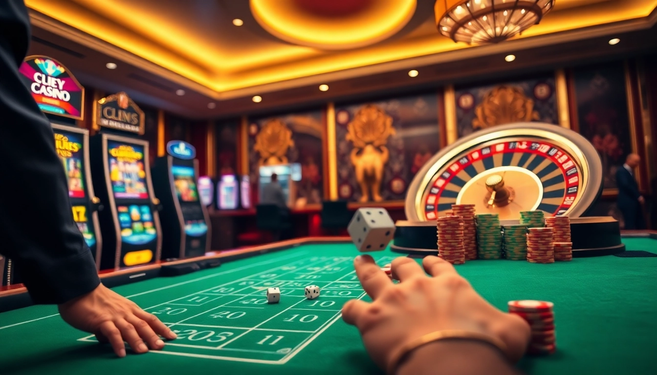 Engaging scene of MMOO casino gaming with dice, roulette, and vibrant slot machines.