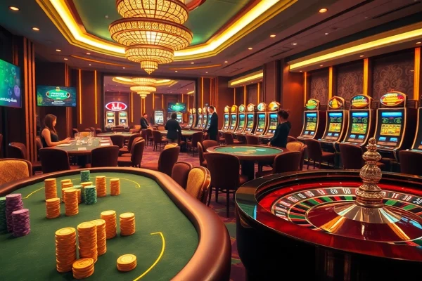 The dynamic gaming scene at https://go88.talk/ showcases online gambling excitement with poker tables, chips, and roulette.