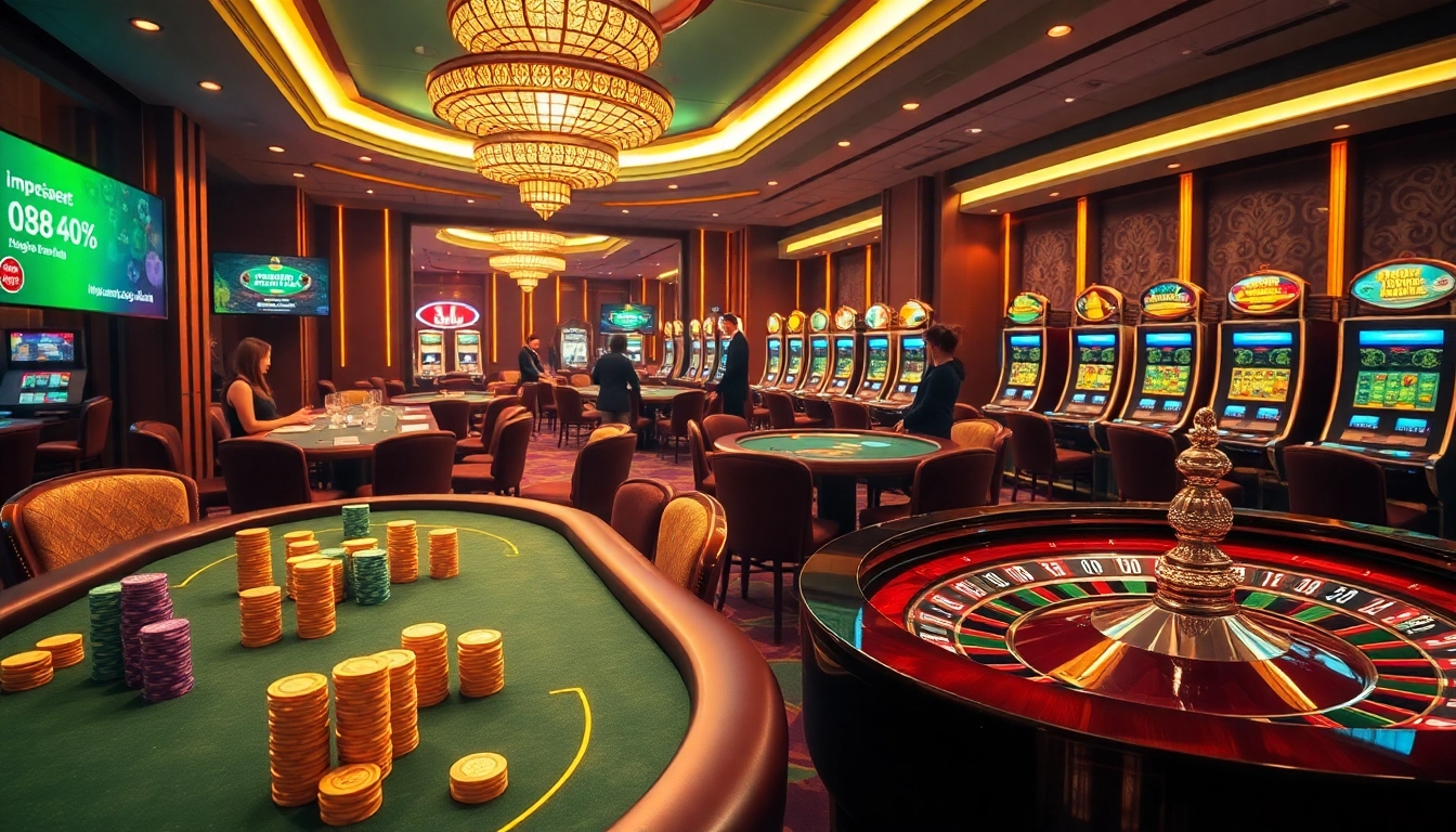 The dynamic gaming scene at https://go88.talk/ showcases online gambling excitement with poker tables, chips, and roulette.