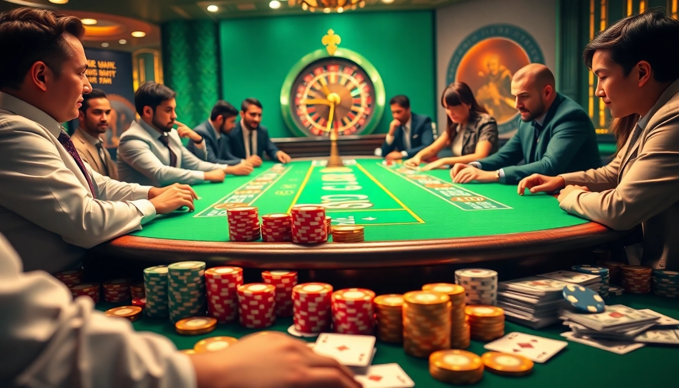 MMOO casino players engaging in high-stakes gameplay at an elegant table.