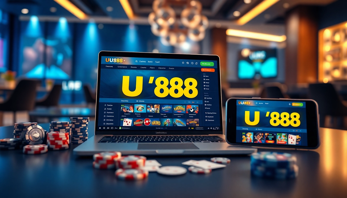 Engaging UU88 online betting platform on a laptop and smartphone in a vibrant gaming setting.