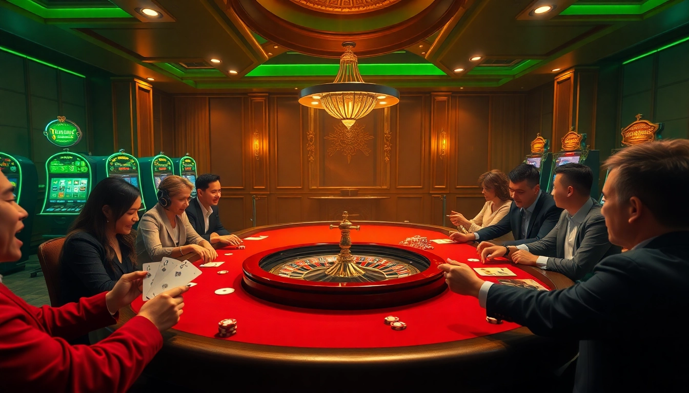 Excited players engaged in high-stakes poker at a luxurious online casino showcasing e28 malaysia.