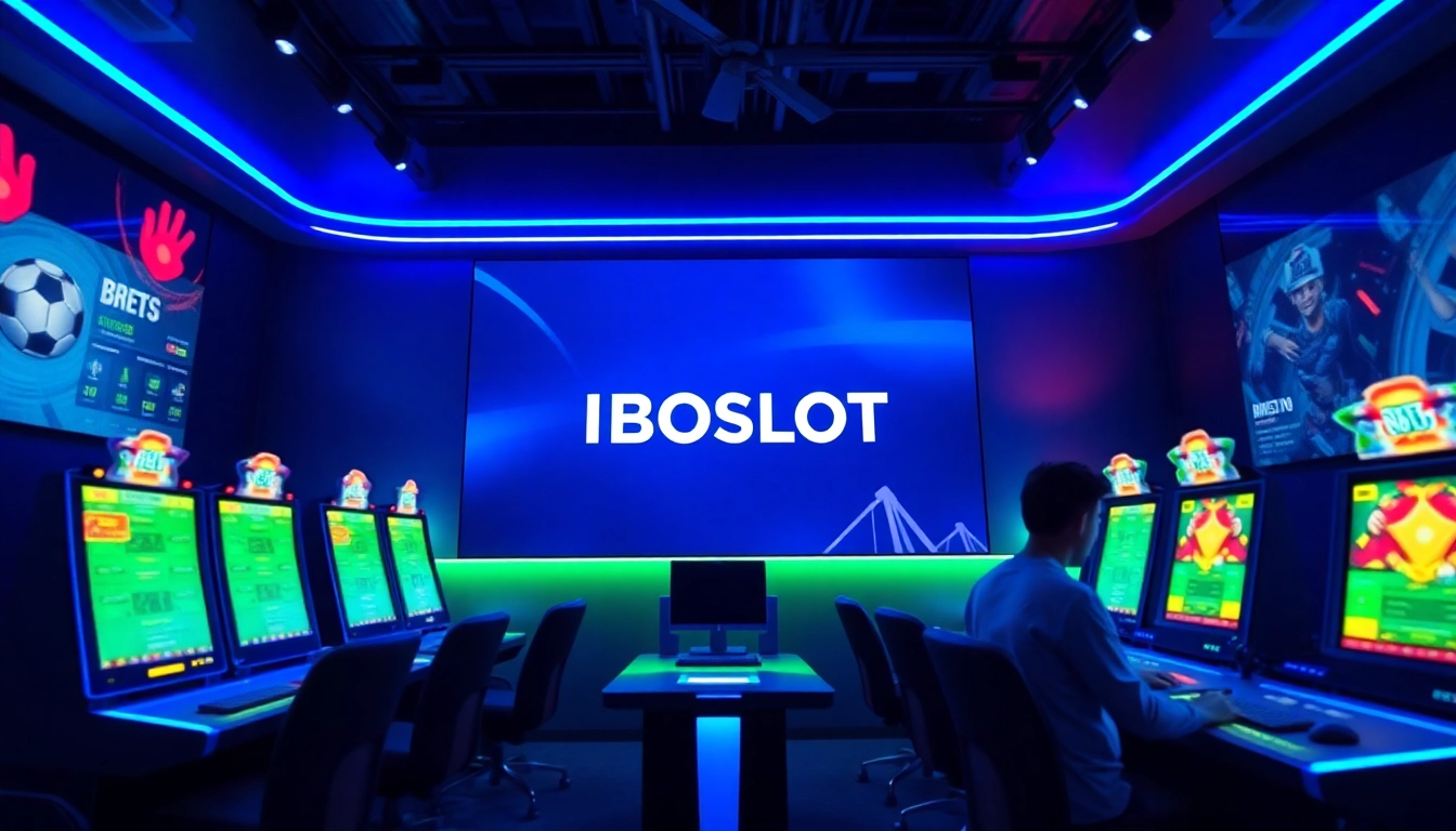 IBOSLOT gaming studio with digital screens and players enjoying slot games in an exciting atmosphere.