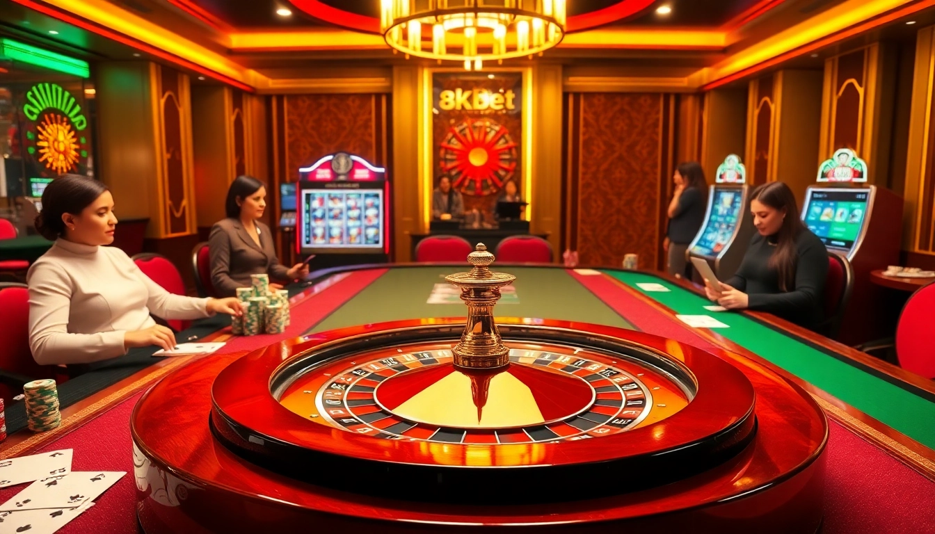 An engaging casino scene with roulette, poker chips, and slot machines, highlighting the excitement of 8kbet gaming.