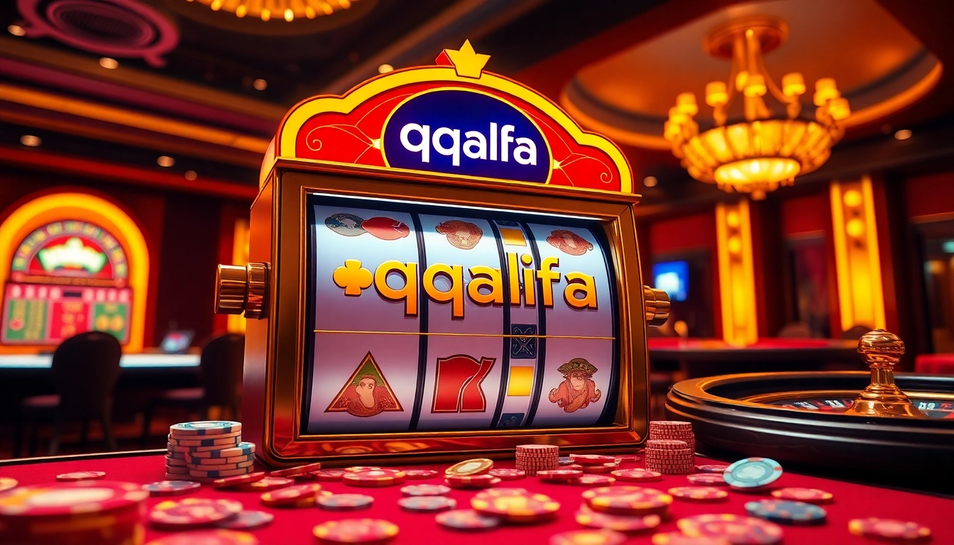 Spin the qqalfa slot machine, surrounded by poker chips and a roulette wheel in an exciting casino atmosphere.