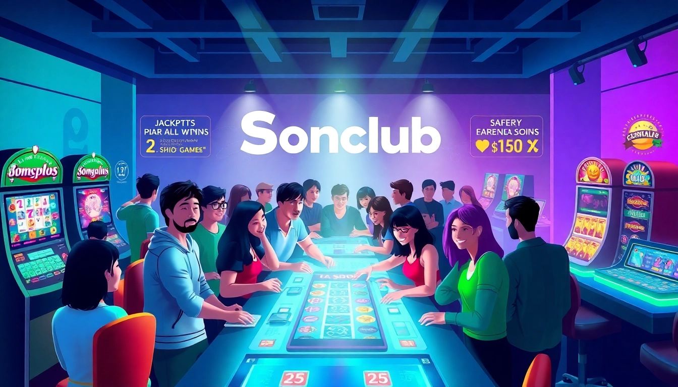 Experience the thrill of gaming at Sonclub with diverse players and vibrant displays of slot machines.