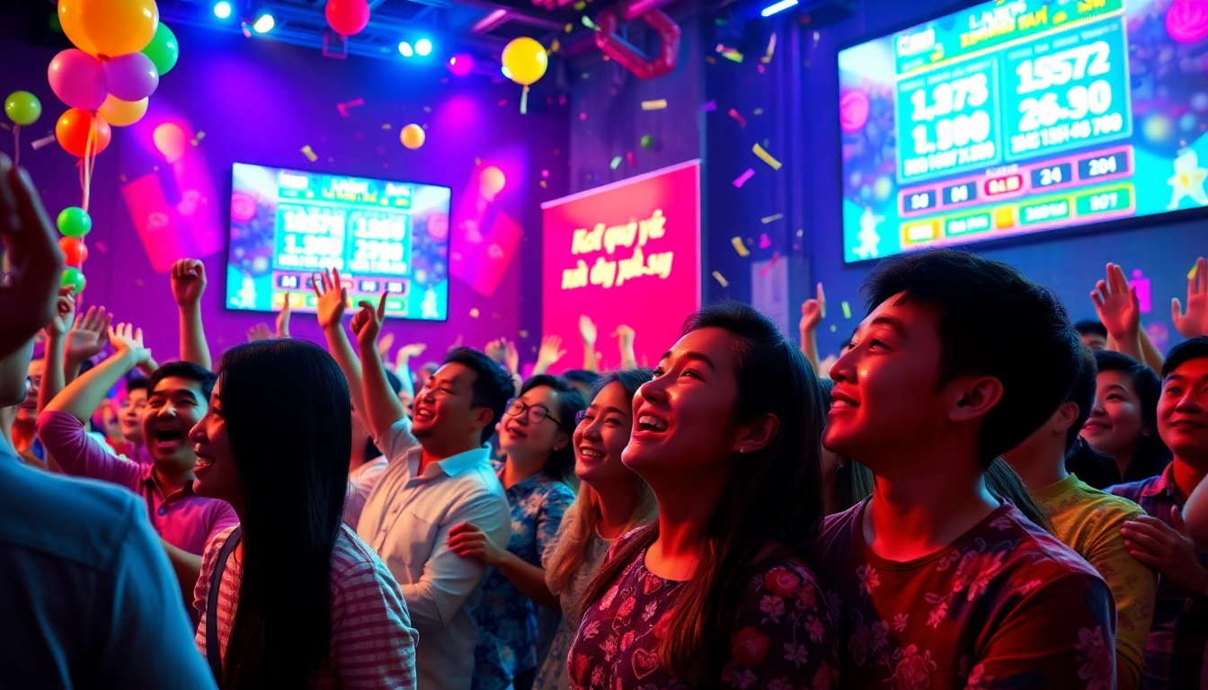 Kết quả xổ số live event with enthusiastic participants celebrating and watching the draw