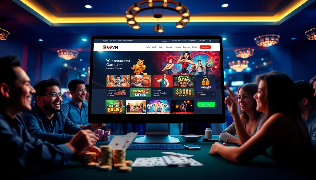 Engaging scene of players enjoying the 69VN online casino platform with vibrant game displays.