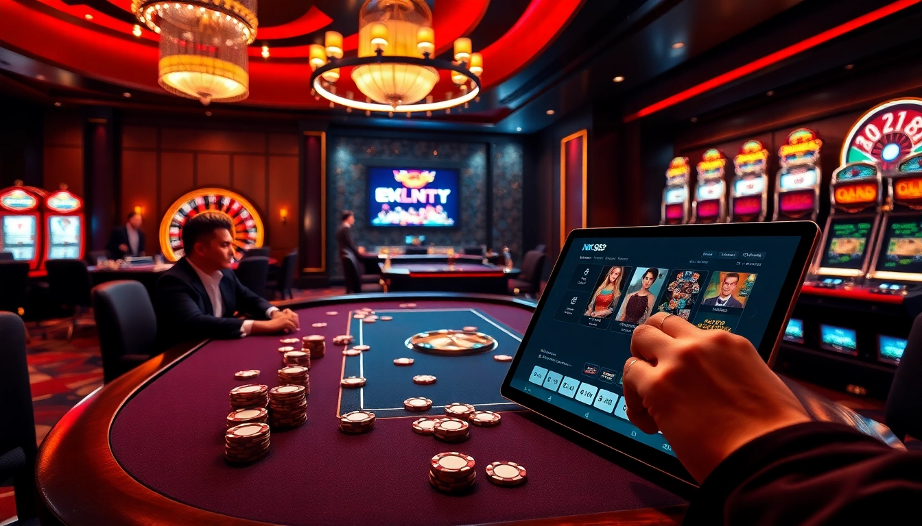 NK88 engaging casino players at a luxurious poker table with colorful chips and roulette in the background.