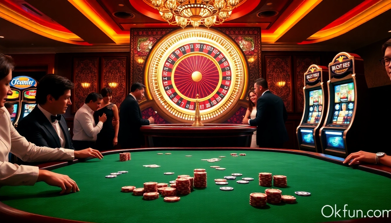 Exciting poker game at okfun.com with vibrant slots and elegant roulette.